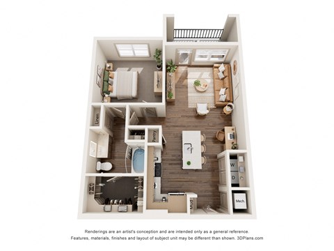 Floor plan for 1 bed, 1 bath, 884 sqft